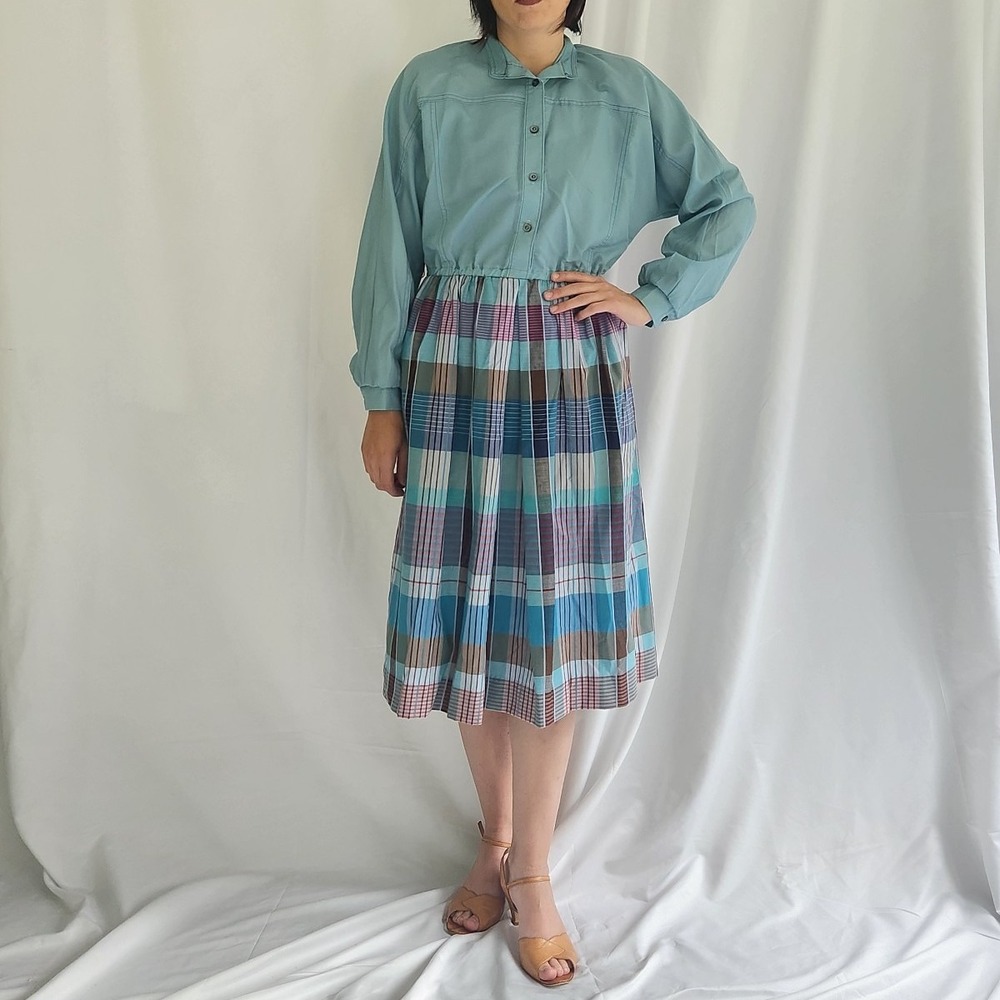 70s Blue and Purple Plaid Pleated‎ Dress